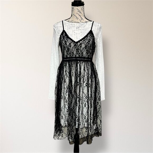 After Market Black Lace Midi Slip Dress Sheer Layered Gothic Witchy Romantic S - Picture 2 of 10